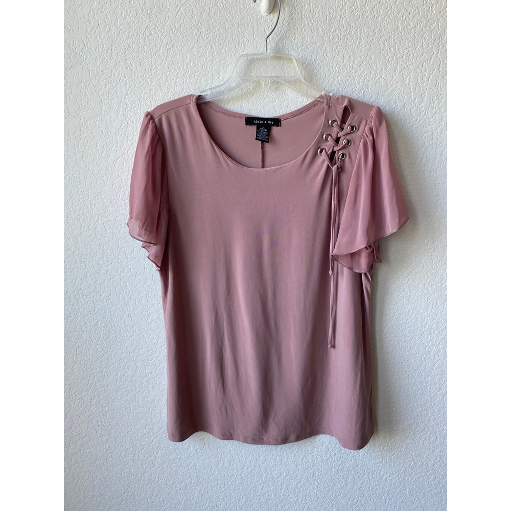 Adele & May Women Sheer Flutter Sleeve Lace Up Boho Blouse Size L Mauve Pink